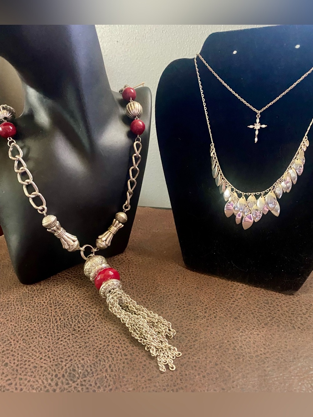 Long Red & Silver tone Tassel Necklace, Tear shaped cascading & Cross Necklaces